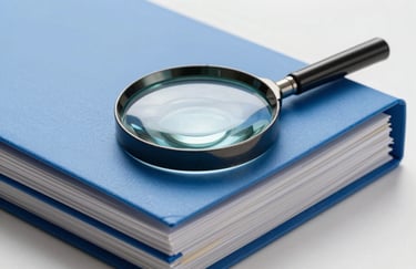 A magnifying glass resting on a stack of neatly organized legal folders, soft white background with steel blue highlights.