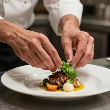 Detailed shot of professional chef hands carefully placing a fresh basil leaf on an gourmet dish, South American restaurant kitchen.