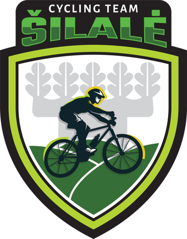Šilalė cycling team logo featuring a mountain biker silhouette on a green shield with oak leaf symbols.