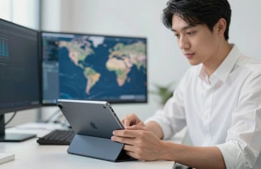 A lifestyle photograph of a professional in a Global / Tech Industry creative studio using a tablet. Steel blue and soft white colors dominate the clean scene.