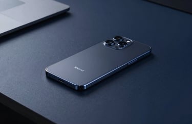 A sleek, minimalist Android smartphone resting on a polished deep navy desk in a Global / Tech Industry office. Professional studio lighting with steel blue accents.