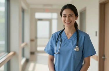 A portrait of a smiling caregiver in professional North American medical attire, standing in a sun-drenched, mist-colored hallway, projecting trust and confidence.
