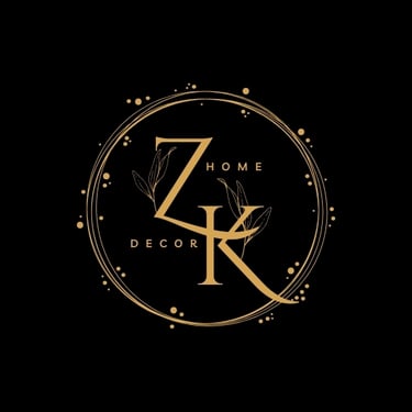 Elegant gold ZK Home Decor logo with botanical accents in a circular frame on a black background.