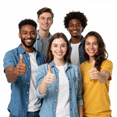 A diverse group of five smiling young professionals giving thumbs up against a white background.