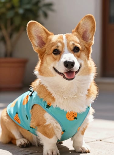 Perrito cafe con chaelco azul claro con imagenes de piñas