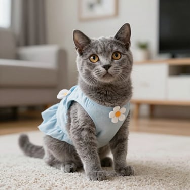 Gatito color gris con vestidito azul con flores blancas