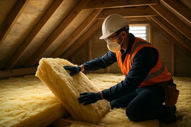 A professional installer wearing safety gear installing glasswool insulation in a bright attic space of an Oceanic residential property. Natural light through a vent.