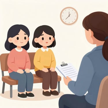 A digital tablet displaying an illustration of two women looking at each other with floating heart icons.