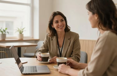 A warm, candid photograph of two teachers talking over coffee in a bright, modern staff room. Soft lighting, Nordic interior design with warm sand tones.