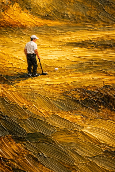 Close-up of impasto golf painting showing lone golfer and ball with thick textured palette knife str