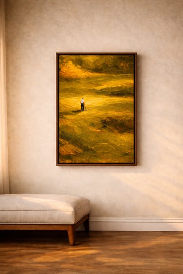 Framed impasto golf painting of a lone golfer in a golden landscape, textured palette knife strokes 