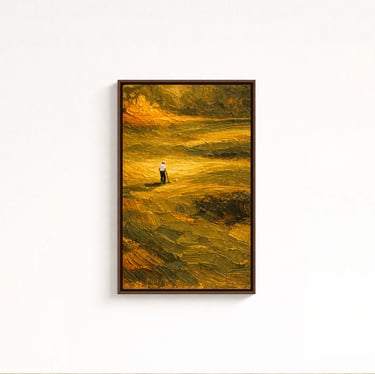 Luxury impasto painting of a lone golfer standing in golden textured landscape, 24x30, walnut frame