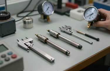 A close-up of high-precision calibration tools and electrical measurement devices resting on a professional workbench in a European / French workshop, soft lighting.