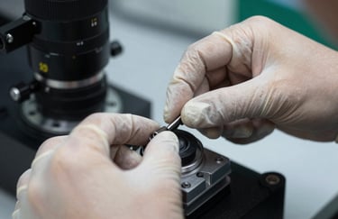 A close-up of a technician's hands in protective gear precisely adjusting a technical component, emphasizing precision and professionalism.