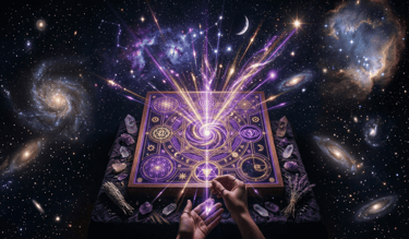 Mystical crystal pendulum over a glowing sacred geometry altar with healing crystals and cosmic nebula background.