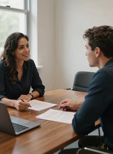 Two people from different cultural backgrounds seated across a boardroom table, natural window light from the left, hands visible on the table surface, documents between them, mid-conversation, no smiling posed expressions