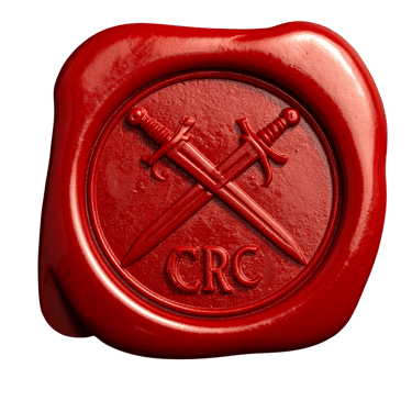 Red wax seal featuring crossed swords and the letters CRC embossed on a circular stamp.