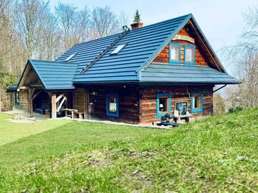 Rustykalna chata z bali z niebieskim metalowym dachem, położona na trawiastej polanie, w pobliżu las