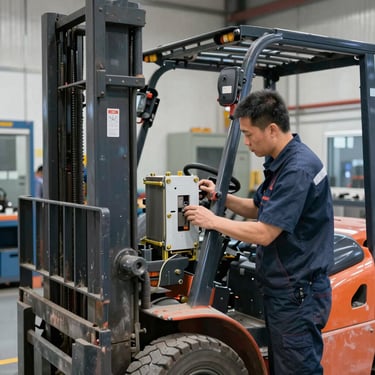 Technician repairing forklift control module in a workshop with tools and electronic equipment.