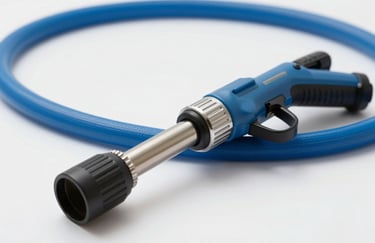 A close-up of professional-grade pressure washing equipment, including a clean blue hose and a high-tech nozzle, resting on a pristine surface. The style is clean, modern, and trustworthy.