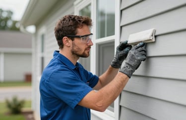 A professional technician wearing safety gear carefully inspecting the siding of a house before cleaning. The composition emphasizes attention to detail and professional standards.