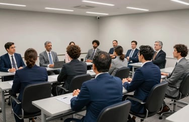 A view of a modern seminar room in Rio de Janeiro, with participants in formal business attire engaged in a strategic discussion. The color palette is steel blue and light gray.