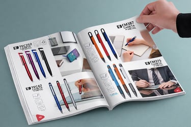 Folheando um catálogo impresso de produtos que exibe diversas canetas promocionais de metal e plásti