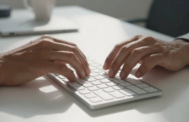 A close-up shot of professional hands typing on a high-end metal keyboard on a white desk in a sunlit North American office, very clean and minimalist.