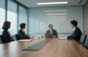 An out-of-focus background of a sophisticated North American conference room with glass walls, reflecting soft blue tones and professionalism.