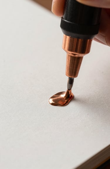 A macro photograph of high-quality copper ink being applied to heavy, off-white paper for a luxury magazine.
