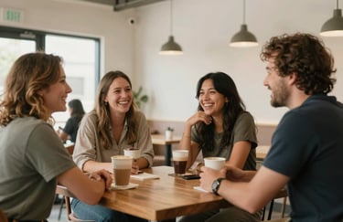 A candid photography shot of diverse local business owners laughing together in a bright, earthy neutral-toned Montana cafe.