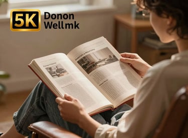 A serene lifestyle photograph of an individual reading a publication in a leather chair by a warm, golden indoor light.