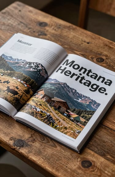 A professional photograph of a modern lifestyle magazine open on a rustic wooden table, featuring a spread about Montana heritage.