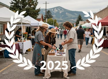 A documentary-style photograph of a community street fair in Montana showing local artisans in a trustworthy, vibrant atmosphere.