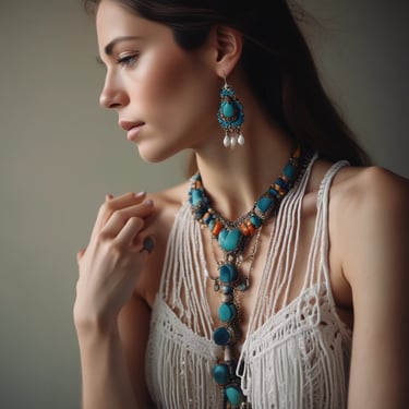 Mujer luciendo joyería bohemia de turquesa, collar con cuenta atractivas en macramé