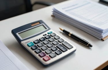 Still life of professional financial tools: a modern calculator, a fountain pen, and organized files on a desk in a South American / Brazilian office. Natural lighting, Sea Blue accents.