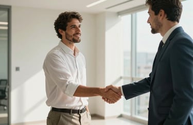 A South American / Brazilian male professional shaking hands with a client in a sunlit, modern office corridor, symbolizing a strong partnership. Soft Off-white and Pale Teal tones.