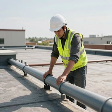 A North American professional inspector in a hard hat and safety vest examining a commercial roof drain system on a large flat building.