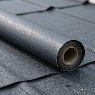 Macro photography of commercial grade roofing materials, displaying the industrial texture and strength of dark gray weatherproof membranes.