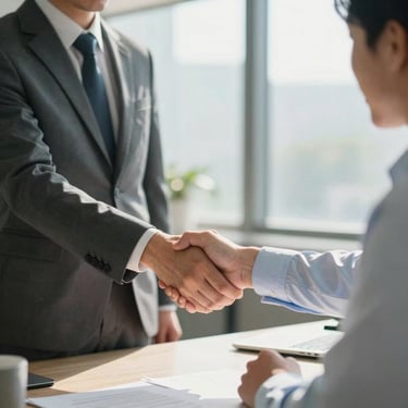 A professional accountant shaking hands with a client in a sunlit North American / US office, symbolizing trust and partnership.