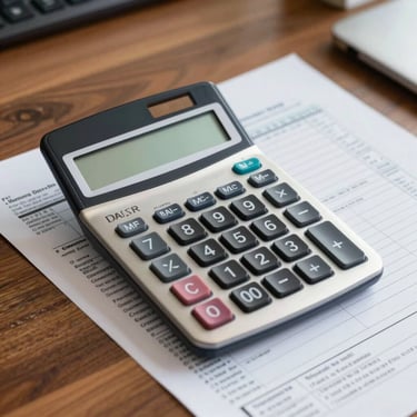 A professional photography shot of a sleek calculator and organized tax forms on a polished wooden desk, North American / US corporate style.