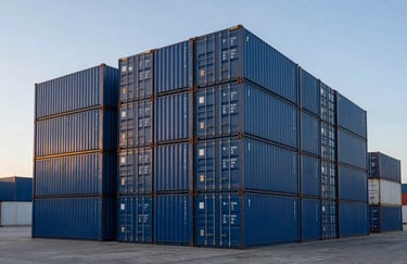 Architectural photography of a clean, geometric port terminal in Southern Europe. Large blue shipping containers are stacked in a precise, organized manner against a pale blue morning sky, symbolizing supply chain mastery.