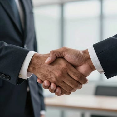 A close-up of a handshake between two professionals in an Indian business setting, symbolizing trust and partnership, soft natural lighting.