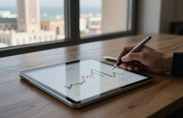 A professional desk setup featuring a digital tablet showing sales growth data, a sleek silver pen, and a view of Casablanca's modern architecture through the window.