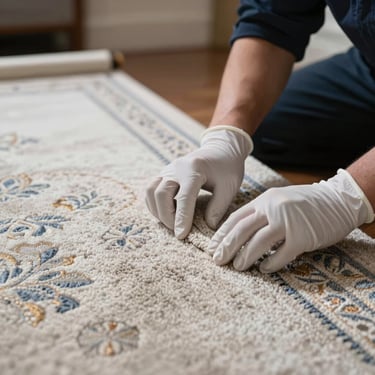 A specialist technician wearing professional attire and clean white gloves carefully inspecting the texture of a luxury carpet in a Virginia residence.