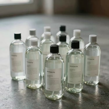 Minimalist display of eco-friendly, non-toxic cleaning solution bottles in clear glass, arranged neatly on a polished floor surface, soft natural lighting.
