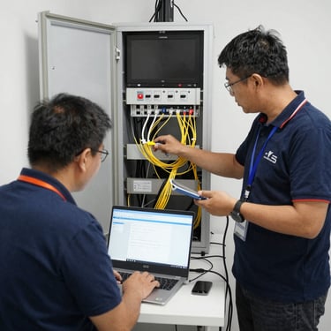 A friendly technician setting up a high-speed internet router in a modern home office.