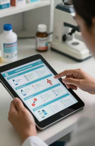A hand using a tablet to browse a medical supply catalog in a South American / Latin American professional setting.
