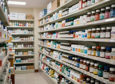 Modern and bright interior of a South American / Latin American drugstore with organized medical shelves.