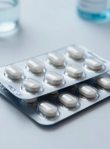 Macro photography of pharmaceutical blister packs on a clinical white table with Soft Powder Blue lighting.